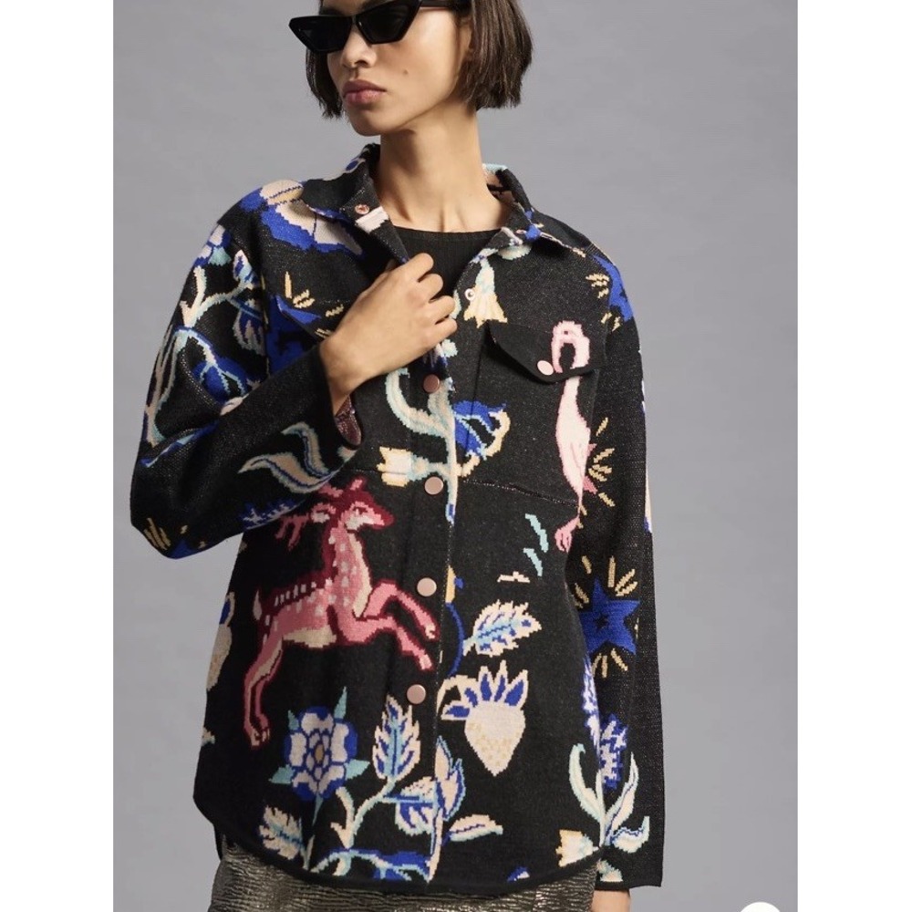 Anthropologie Icon Cardigan Coat XS Black Multi Deer Flamingo Floral Jacquard